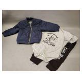 NEW ONESIES SIZE 12-18 MONTHS,  "LITTLE MAN" PANTS SIZE 12-18MONTHS AND OSHKOSH B