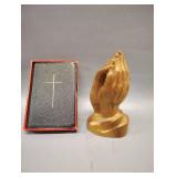 OREGON MYRTLE WOOD PRAYING HANDS FIGURINE AND SEABURY BOOK OF COMMON PRAYER