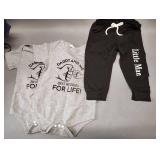 NEW ONESIES SIZE 12-18 MONTHS,  "LITTLE MAN" PANTS SIZE 12-18MONTHS AND OSHKOSH B