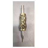 METAL SELF-LOCKING  tatt5oo MACHINE GRIP with a KNURLED, anti-slip DESIGN FEATURING an ORNATE DRAGON MOTIF.