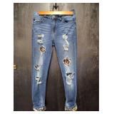 KANCAN LOS ANGELES RIPPED DENIM WITH CHEETAH PRINT PATCHES  SIZE 26