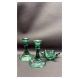 Quality Green Glass and Star Base Candlestick Holders