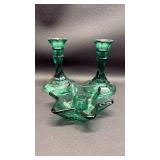 Quality Green Glass and Star Base Candlestick Holders