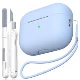 MHYALUDO for AirPods Pro 2nd Generation Case Cover, Military Grade Anti-Fall Soft Silicone Shock-Absorbing for AirPods Pro Case Skin Touch with Keychain and Cleaning Kit, Front LED Visible, Sky Blue