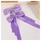 2pc Grape Purple Tassel Ribbon Bow Hair Clips for Women Girls with Long Tail, 5.5" Solid Stain Alligator Hair Barrettes Claw Pins for Her Wedding Birthday Party Decor Accessories