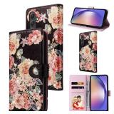 UEEBAI Wallet Case for Samsung Galaxy S25 5G, Leather Phone Wallet Kickstand RFID Blocking Flip Case Card Slots Wrist Strap Relief Engraved Pattern Magnetic Closure Flower Cover, Black Rose
