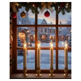 Cbebew 4 Pack Christmas Window Candles Lights, Battery Operated Window Candles with Timer, Flameless LED Christmas Candle with C26 3V LED Bulbs for Dining Table Xmas Decor, Gold Base