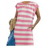 AlvaQ Striped Dresses for Women 2025 Summer Casual Loose Sleeveless Colorblock Short Mini Dress with Pocket Pink Small