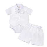 IDOPIP Baptism Christening Outfits for Boys Baby Formal Suit Gentleman Bowtie Romper Vest Shorts Pants White Wedding Tuxedo Outfits 1/2 1st/2nd Birthday Cake Smash Clothes 3PCS Set White 6-12 Months