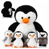 Harrycle 5 Pcs Penguin Plush Toy Set 14 Inch Christmas Mommy Penguin Stuffed Animal with 4 Cute Babies in Zippered Belly Soft Cuddly Plushie for Kids Gifts New Year Gifts(Lovely Style)