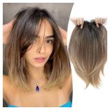 Ms Taj 12 Inch Hair Topper for Women with Thinning Hair, 6.5x6.5 Large Base Synthetic Topper with Bangs, Fiber Wiglets Ladies Hair Pieces for Daily Wear, Work, Party-Rich Brown with Dark Root