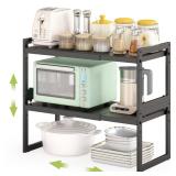 DOLALIKE Expandable kitchen Countertop Organizer, Stackable Cabinet Shelf Organizers, Space Saving Spice Rack Pantry Storage for Bathroom Office Organization (Black, 2 Pack)
