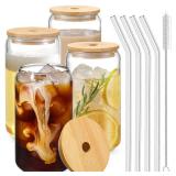 Drinking Glasses with Bamboo Lids and Glass Straw 4pcs Set - 16oz Glass Cups, Iced Coffee Glasses, Cute iced Tea Glasses, Beer Glasses, Ideal for Coffee Bar Accessories, Aesthetic Gift - 2 Brushes