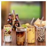 Drinking Glasses with Bamboo Lids and Glass Straw 4pcs Set - 16oz Glass Cups, Iced Coffee Glasses, Cute iced Tea Glasses, Beer Glasses, Ideal for Coffee Bar Accessories, Aesthetic Gift - 2 Brushes