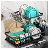 MERRYBOX Dish Drying Rack Large Capacity 2 Tier Dish Drying Rack Multifunctional Rustproof Dish Racks for Kitchen Counter with Large Utensil Holder, Cup Holder, Black