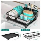 MERRYBOX Dish Drying Rack Large Capacity 2 Tier Dish Drying Rack Multifunctional Rustproof Dish Racks for Kitchen Counter with Large Utensil Holder, Cup Holder, Black