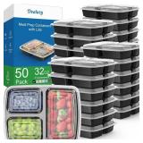 50 Pack (100-Piece) 32 oz Meal Prep Containers Reusable with Lids 3-Compartment, To Go Take Out Plastic Food Storage Containers, Sturdy Leakproof Food Safe, Microwave Freezer Dishwasher Safe, Black