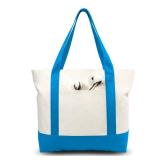 TOPDesign 6-Pack Canvas Tote Bags with an External Pocket, Reusable Grocery Shopping Bags, Top Zipper Closure, Daily Essentials (Ocean Blue/Natural)