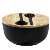 ECOWAY Bamboo Fiber Salad Bowl with Lid & Servers, 4Qt, Melamine Salad Serving Bowls Set with Bamboo Lid, Salad Mixing Bowl with Spoon Fork for Fruits Vegetables and Pasta (Black, 9.8inch)