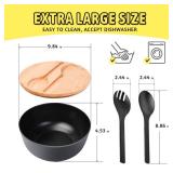 ECOWAY Bamboo Fiber Salad Bowl with Lid & Servers, 4Qt, Melamine Salad Serving Bowls Set with Bamboo Lid, Salad Mixing Bowl with Spoon Fork for Fruits Vegetables and Pasta (Black, 9.8inch)