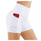 THE GYM PEOPLE High Waist Yoga Shorts for Women Tummy Control Fitness Athletic Workout Running Shorts with Deep Pockets (Medium, White)