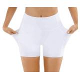 THE GYM PEOPLE High Waist Yoga Shorts for Women Tummy Control Fitness Athletic Workout Running Shorts with Deep Pockets (Medium, White)