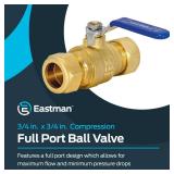 Eastman Full Port Ball Valve, 3/4 x 3/4 Inch Compression Ends, Brass Inline Water Shut-Off Valve, 20097LF