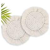 7.4in Boho Coasters Set of 2, Cute Drink Coasters Absorbent for Desk, Farmhouse Handmade Woven Macrame Coaster for Mugs Cups - Home Decor Housewarming Gift, Round Beige