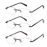 JJWELL 3 Pack Reading Glasses for Men Blue Light Blocking, Lightweight Rimless Metal Mens Eyeglasses Readers, Anti Eyestrain/Dryness/Computer Glare/UV 400, Spring Hinge Eyeglasses(1.00 Strength)