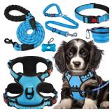 LOBEVE No Pull Dog Harness, Collar & Leash Set with Retractable Dog Seat Belt, Collapsible Dog Bowls and Poop Bag Dispenser - Ideal for Training, Walking, Hiking - Fits Small to Large Dogs(Blue-M)