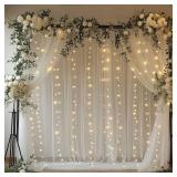 EMHOLDBU 10x10ft White Tulle Backdrop Curtain with Lights String Sheer Drapes for Wedding, Birthday, Baby Shower, Bridal Shower, Photo Booth, Party, Home Decor (2 Panels, White)