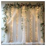 EMHOLDBU 10x10ft White Tulle Backdrop Curtain with Lights String Sheer Drapes for Wedding, Birthday, Baby Shower, Bridal Shower, Photo Booth, Party, Home Decor (2 Panels, White)