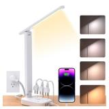 One Beat LED Small Desk Lamp Power Strip 5ft Extension Cord, 3 Outlets, 4 USB Ports(2 USB C), 4 Modes, 5 Level Touch- Home, Office, Bedroom, Bedside, Study Reading Light, Dorm Room Essentials, White