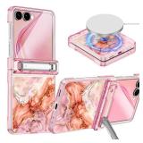 Shecaset for Galaxy Z Flip 7 Case, [Compatible with MagSafe][Built-in Screen Protector][Kickstand][Hinge Protection], Hard PC Slim Fit Shockproof Protective Case for Samsung Gaalxy Z Flip 7, Pink