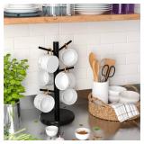 Wisuce Black Coffee Mug Tree, Updated Thick Bamboo Mug Holder Base,Coffee Cup Stand Mug Holders with 6 Hooks for Countertop Cup Rack Organizer Stand (Black)