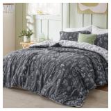Bedsure Queen Comforter Set - Dark Grey Bed Set, 3 Pieces Cute Floral Bedding, 1 Soft Reversible Botanical Flowers Comforter and 2 Pillow Shams