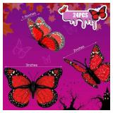 Waydress 24 Pieces Halloween Monarch Butterfly Decorations 3 Size Artificial Monarch Butterflies Wall Decor 3D Butterfly Wing Wall Art with Wire for Fall Wedding Home Bedroom Decorations(Red)