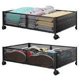 Under Bed Storage Containers with Wheels, Under Bed Shoe Storage Organizer Drawer, Tool-free Assembly Metal Storage Containers for Bedroom Clothes Shoes Blankets -2PCK