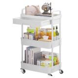 Calmootey 3-Tier Rolling Utility Cart with Drawer,Multifunctional Storage Organizer with Plastic Shelf & Metal Wheels,Storage Cart for Kitchen,Bathroom,Living Room,Office,White