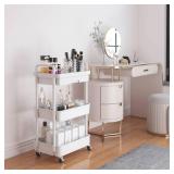 Calmootey 3-Tier Rolling Utility Cart with Drawer,Multifunctional Storage Organizer with Plastic Shelf & Metal Wheels,Storage Cart for Kitchen,Bathroom,Living Room,Office,White
