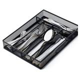 JANE EYRE Utensil Drawer Organizer, Cutlery Tray Silverware Flatware Storage Divider for Kitchen, Mesh Wire with Non-slip Foam Feet, 5 Component, Black