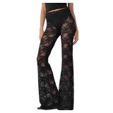 Women Lace Floral Pant Sexy See Through Flare Bell Bottom Hollow Out Trousers Mesh Leggings Cover Up Pants (A Black, L)