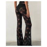 Women Lace Floral Pant Sexy See Through Flare Bell Bottom Hollow Out Trousers Mesh Leggings Cover Up Pants (A Black, L)