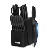 APPEARS NEW - Knife Set with Sharpener â 15 pcs High Carbon Stainless Steel Knives Block Set, Stainless Steel Knife Set, Built-in Sharpener Kitchen Knife set, With Anti slip and Ergonomic Handles
