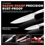 APPEARS NEW - KALAVINKA Professional Chef Knife 8 Inch, German Steel for Slicing and Chopping, Rust-Resistant Kitchen Knife with Bonus Paring Knife, Summer Entertaining (SAMJNA)