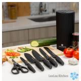 APPEARS NEW - LeeLou Kitchen 6-Piece Premium Knife Set. Stainless Steel Chef Knives with Scissors. Dishwasher Safe.