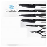 APPEARS NEW - LeeLou Kitchen 6-Piece Premium Knife Set. Stainless Steel Chef Knives with Scissors. Dishwasher Safe.