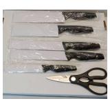 APPEARS NEW - LeeLou Kitchen 6-Piece Premium Knife Set. Stainless Steel Chef Knives with Scissors. Dishwasher Safe.