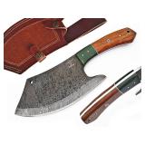 APPEARS NEW - Handmade Damascus Steel Full Tang Cleaver Knife - Butcher Knife - Meat Cleaver Knife - Bushcraft Knife - Fixed Blade Knife with Ergonomic Handle & Real Leather Sheath