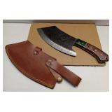 APPEARS NEW - Handmade Damascus Steel Full Tang Cleaver Knife - Butcher Knife - Meat Cleaver Knife - Bushcraft Knife - Fixed Blade Knife with Ergonomic Handle & Real Leather Sheath